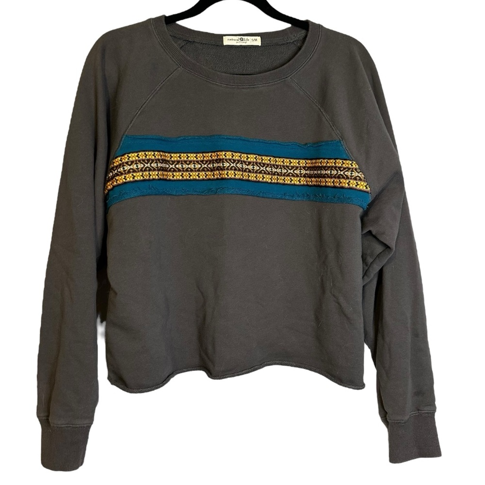 Natural Life S/M Boho Cropped Sweatshirt Folk Ribbon Granola Hippie Festival Art